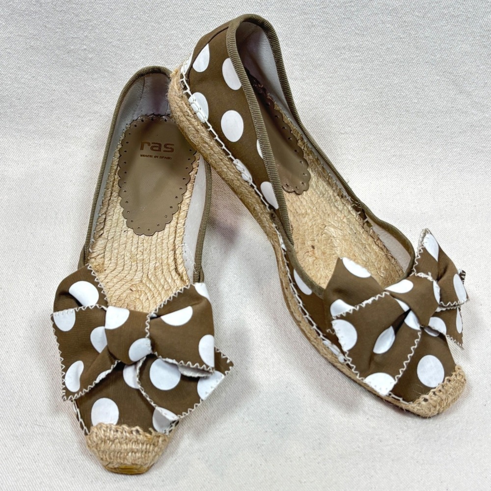 Ras Womens Brown White Polka Dot Bow Espadrille Flats Made in Spain Sz 38/US 8